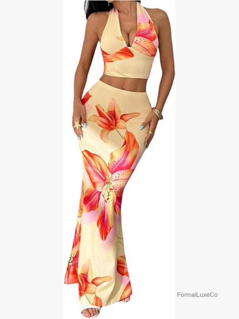 Women's Floral 2 Piece Set Crop Tank Flare Maxi Skirt